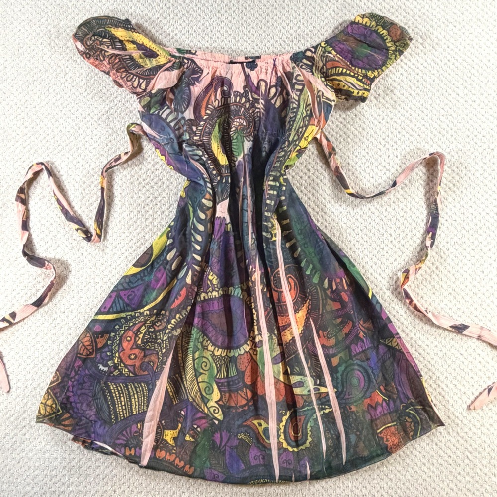 Y2K Babydoll Mini Dress Vintage Women Large Fairy Paisley Boho Cap Sleeve Tattoo